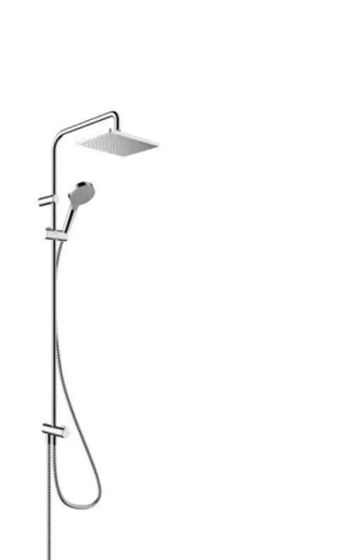 Hansgrohe Duschpaneel mit Kopfbrause und Handbrause, montiert an einer Wand. Der Schlauch ist flexibel und dient der individuellen Nutzung der Duscheinheit.